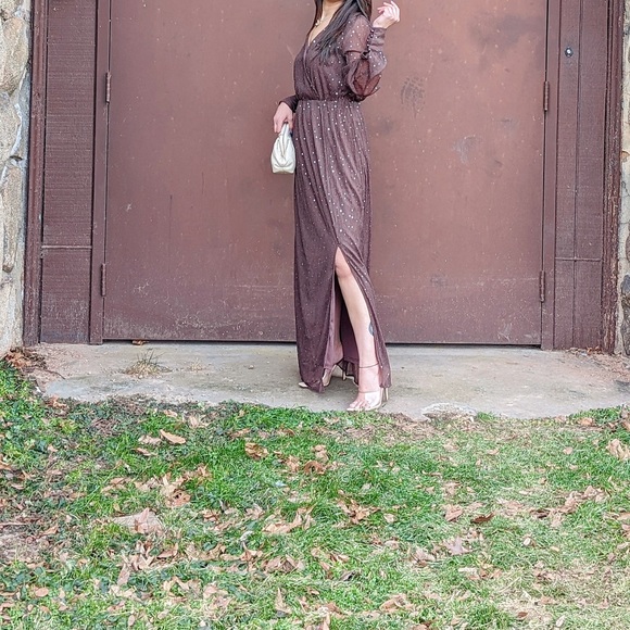 Brown Side Split Rhinestone V Neck Maxi Dress - Picture 3 of 4